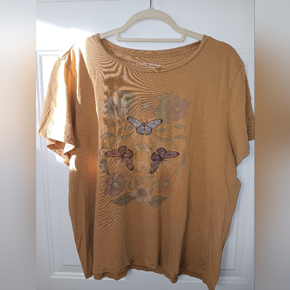 Lucky Brand Women's Mustard Yellow Top with Butterfly Motif